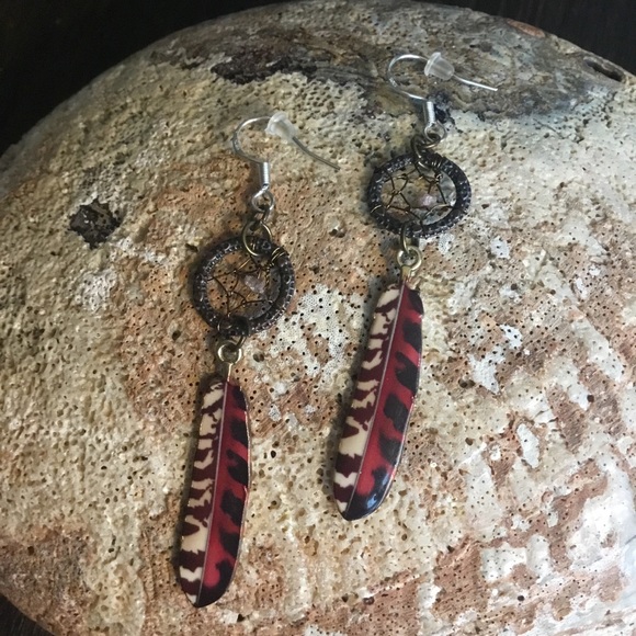 Hand Crafted Bohemian Dream Catcher Diamond Earrings w/ Falcon Feather Charms - Picture 3 of 12